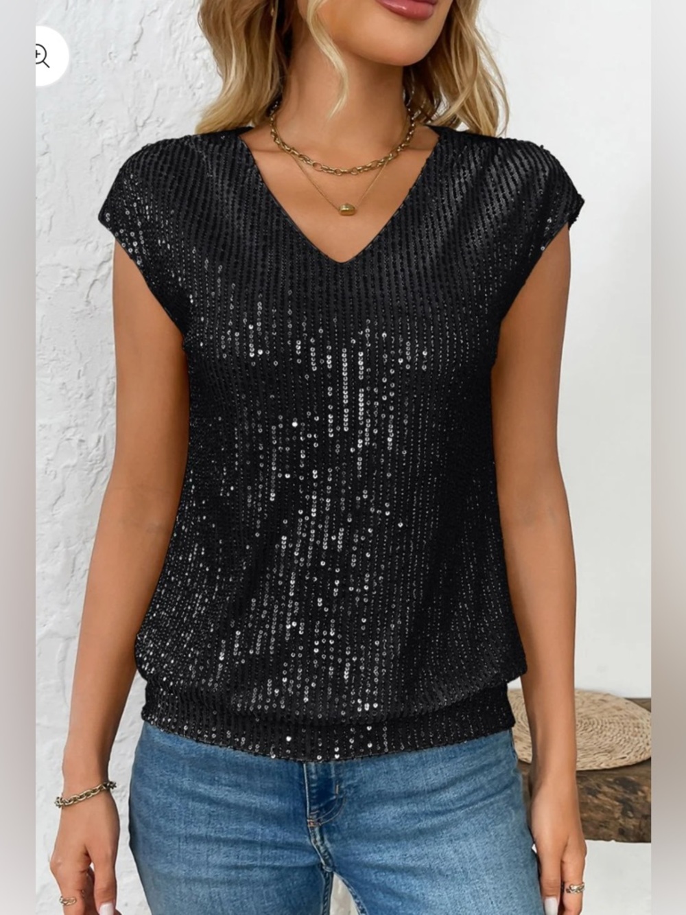 CeCe Black Sequin Short Sleeve Top